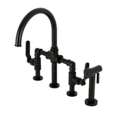 Whitaker KS2330KL Two-Handle 4-Hole Deck Mount Bridge Kitchen Faucet with Brass Sprayer, Matte Black