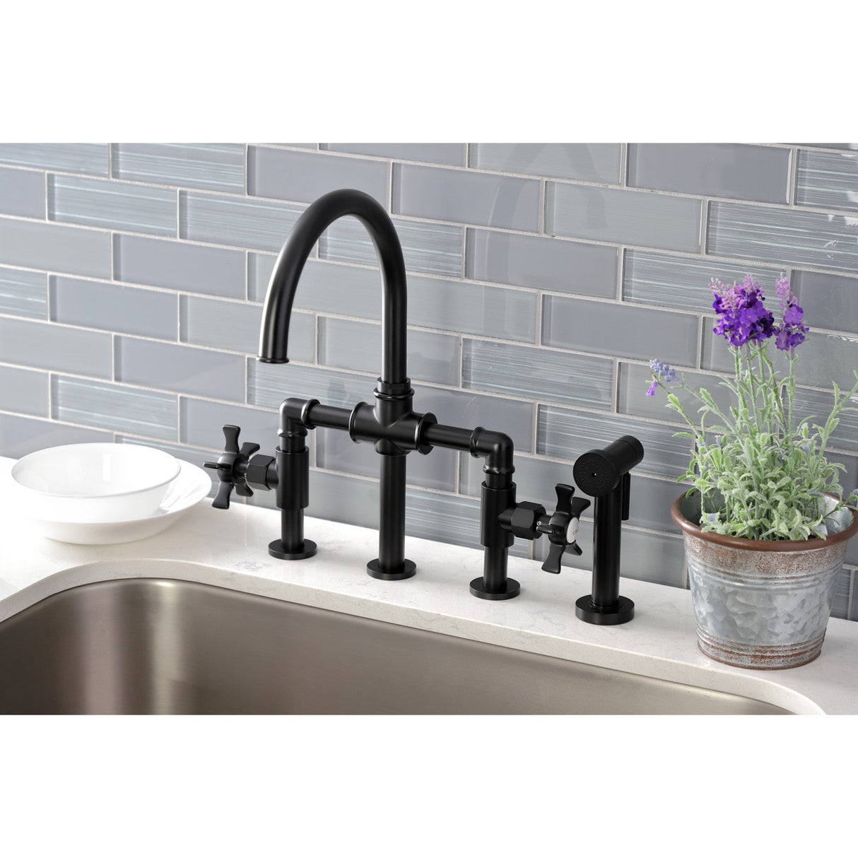 Hamilton KS2330NX Two-Handle 4-Hole Deck Mount Bridge Kitchen Faucet with Brass Sprayer, Matte Black