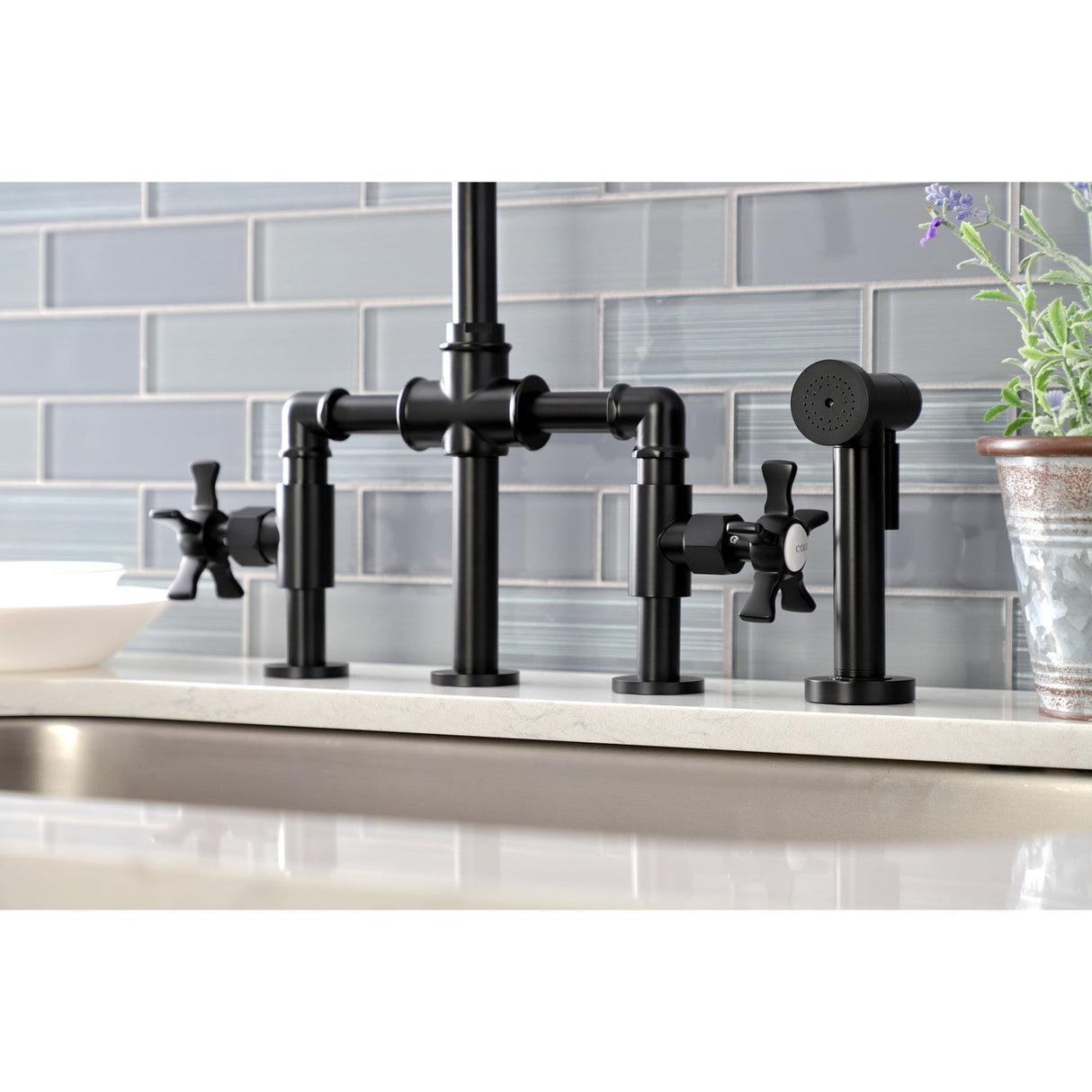 Hamilton KS2330NX Two-Handle 4-Hole Deck Mount Bridge Kitchen Faucet with Brass Sprayer, Matte Black