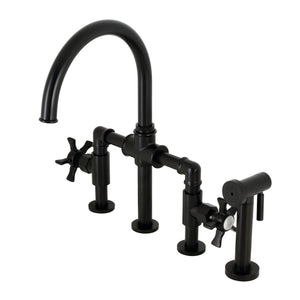 Hamilton KS2330NX Two-Handle 4-Hole Deck Mount Bridge Kitchen Faucet with Brass Sprayer, Matte Black