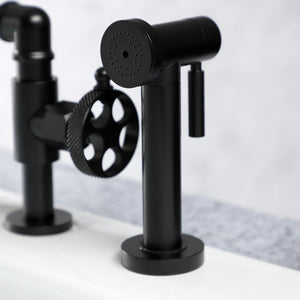 Webb KS2330RKX Two-Handle 4-Hole Deck Mount Bridge Kitchen Faucet with Knurled Handle and Brass Side Sprayer, Matte Black