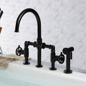 Webb KS2330RKX Two-Handle 4-Hole Deck Mount Bridge Kitchen Faucet with Knurled Handle and Brass Side Sprayer, Matte Black