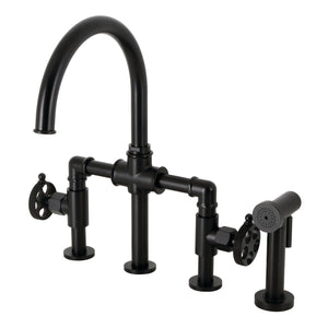 Webb KS2330RKX Two-Handle 4-Hole Deck Mount Bridge Kitchen Faucet with Knurled Handle and Brass Side Sprayer, Matte Black