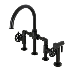 Belknap KS2330RX Two-Handle 4-Hole Deck Mount Bridge Kitchen Faucet with Brass Sprayer, Matte Black