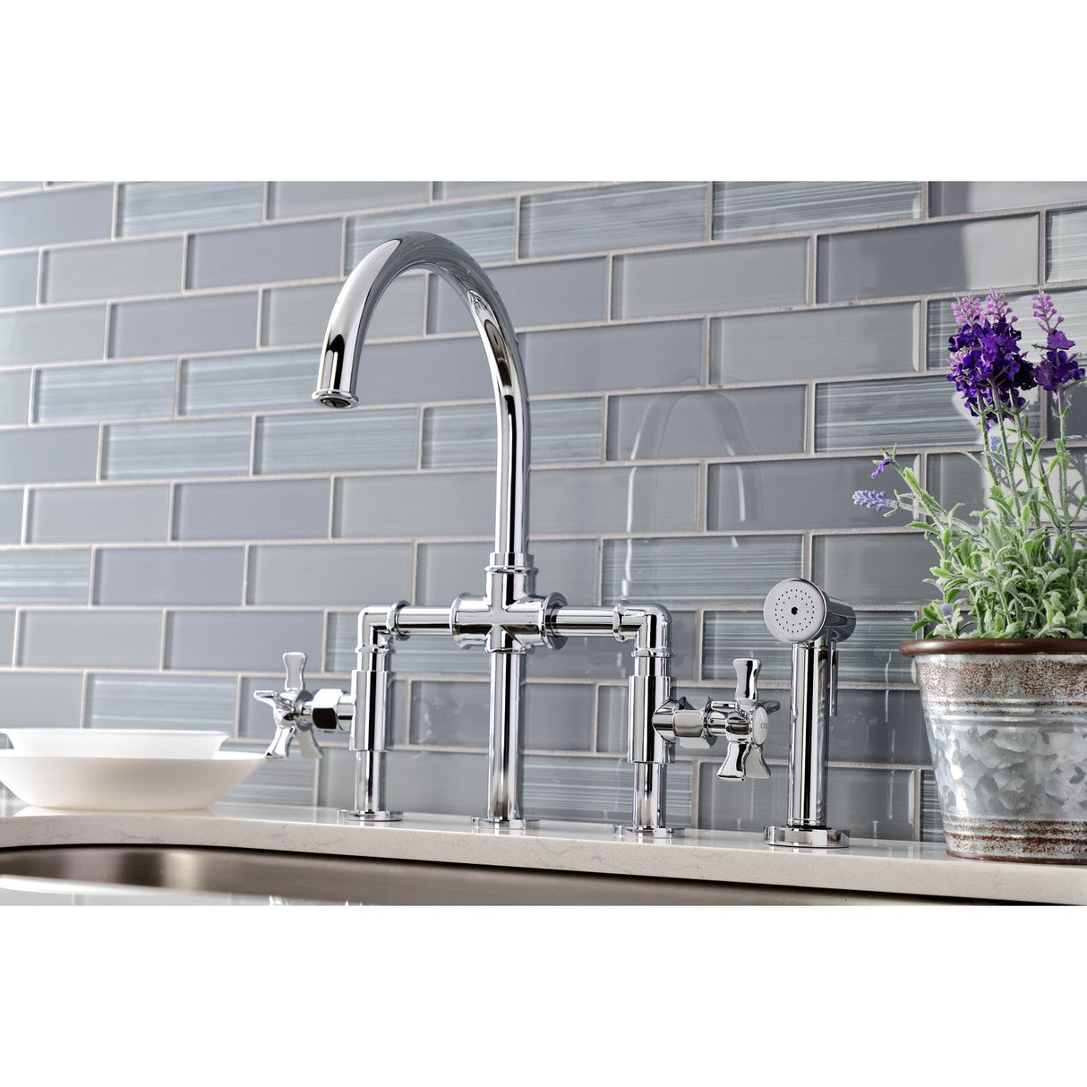 Hamilton KS2331NX Two-Handle 4-Hole Deck Mount Bridge Kitchen Faucet with Brass Sprayer, Polished Chrome