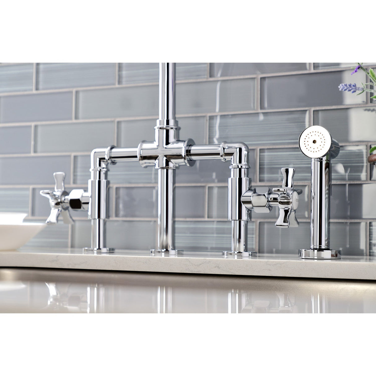 Hamilton KS2331NX Two-Handle 4-Hole Deck Mount Bridge Kitchen Faucet with Brass Sprayer, Polished Chrome