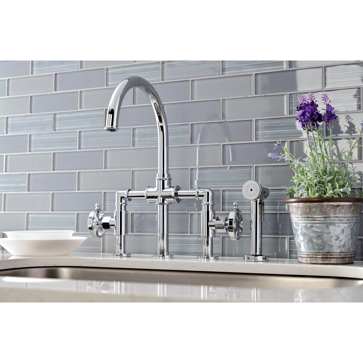 Belknap KS2331RX Two-Handle 4-Hole Deck Mount Bridge Kitchen Faucet with Brass Sprayer, Polished Chrome