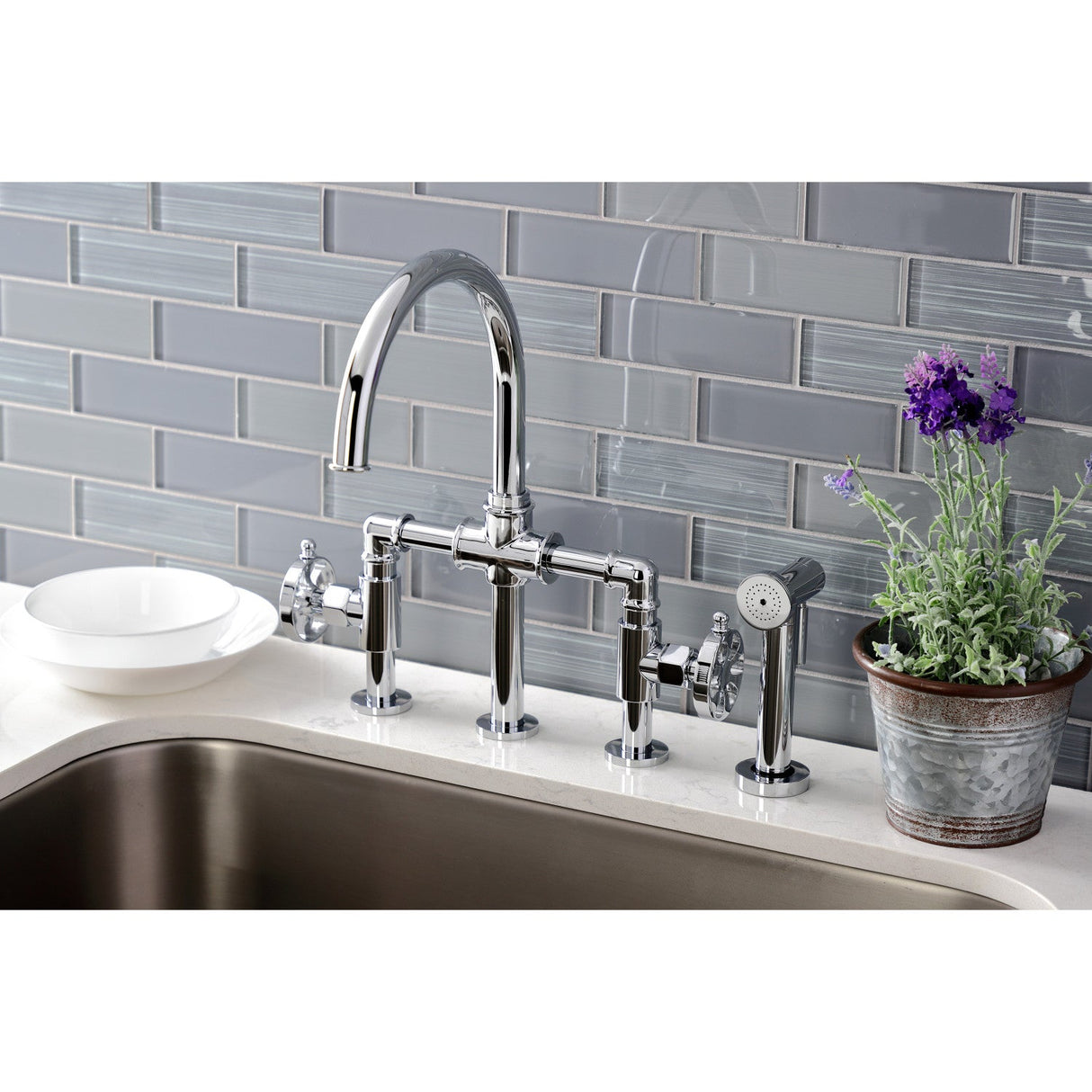 Belknap KS2331RX Two-Handle 4-Hole Deck Mount Bridge Kitchen Faucet with Brass Sprayer, Polished Chrome