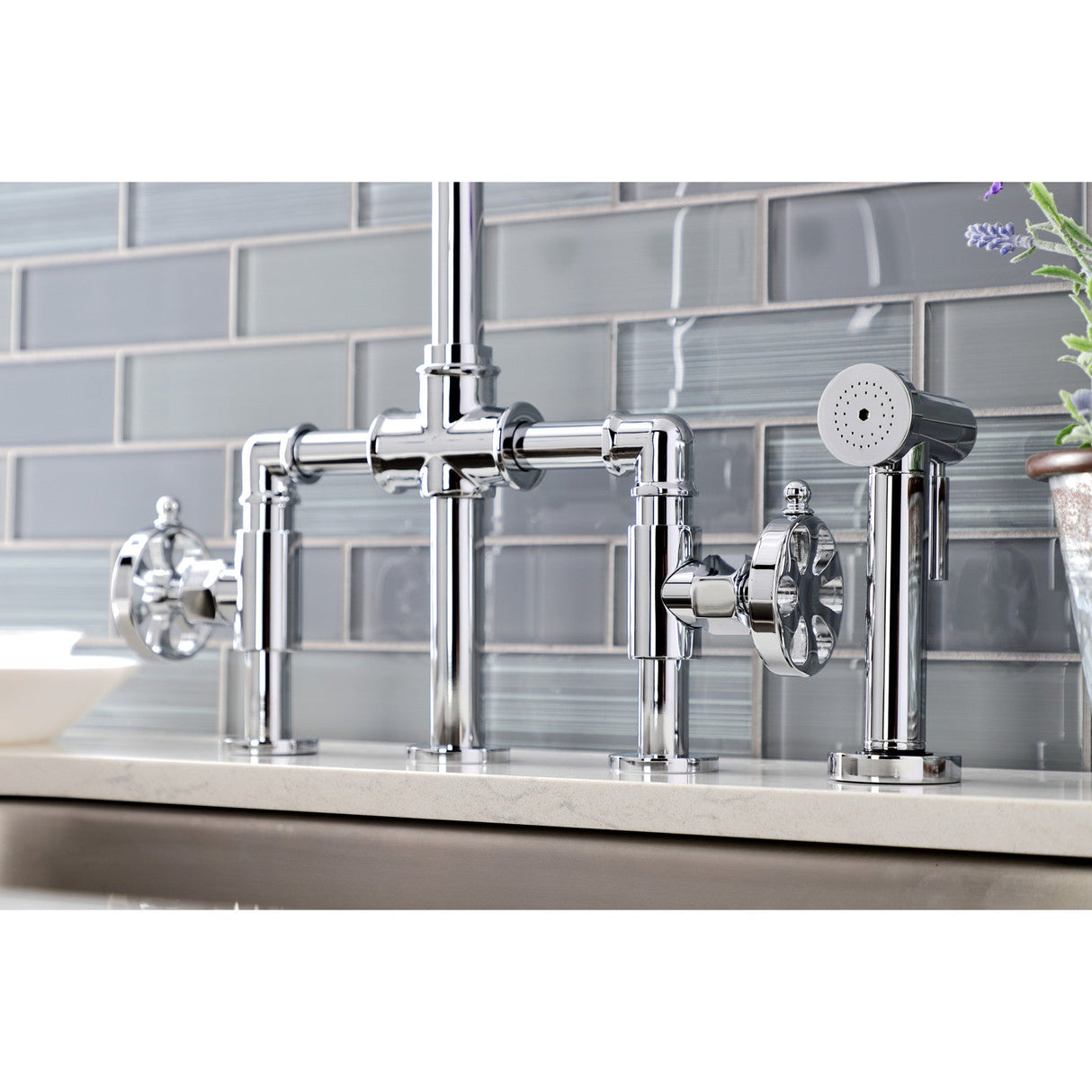 Belknap KS2331RX Two-Handle 4-Hole Deck Mount Bridge Kitchen Faucet with Brass Sprayer, Polished Chrome