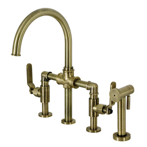Whitaker KS2333KL Two-Handle 4-Hole Deck Mount Bridge Kitchen Faucet with Brass Sprayer, Antique Brass