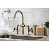 Hamilton KS2333NX Two-Handle 4-Hole Deck Mount Bridge Kitchen Faucet with Brass Sprayer, Antique Brass