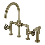 Webb KS2333RKX Two-Handle 4-Hole Deck Mount Bridge Kitchen Faucet with Knurled Handle and Brass Side Sprayer, Antique Brass