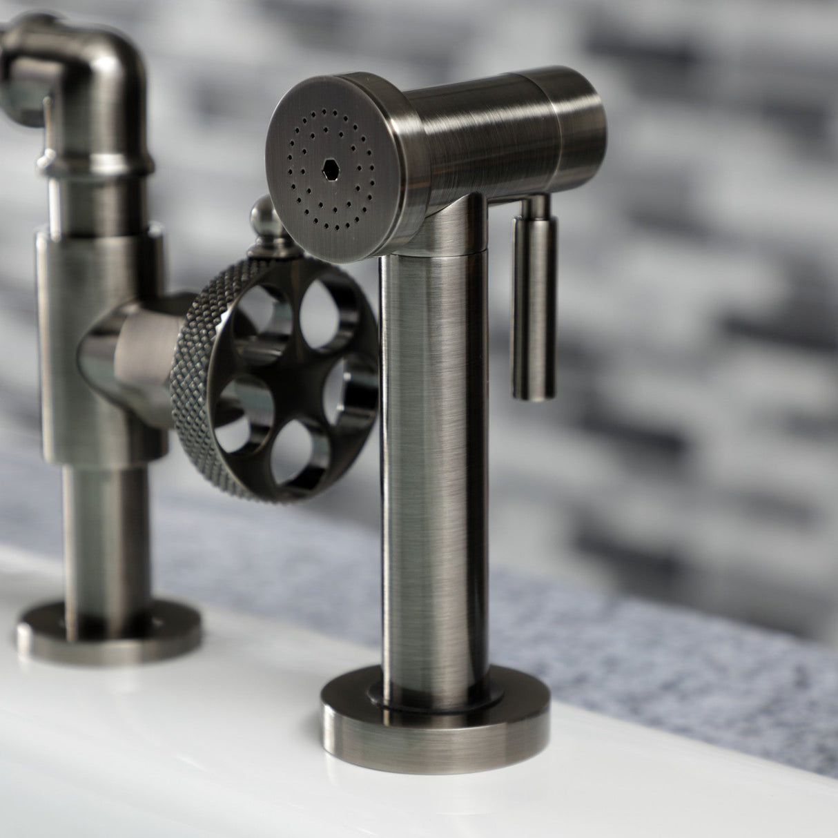 Webb KS2334RKX Two-Handle 4-Hole Deck Mount Bridge Kitchen Faucet with Knurled Handle and Brass Side Sprayer, Black Stainless