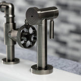 Webb KS2334RKX Two-Handle 4-Hole Deck Mount Bridge Kitchen Faucet with Knurled Handle and Brass Side Sprayer, Black Stainless