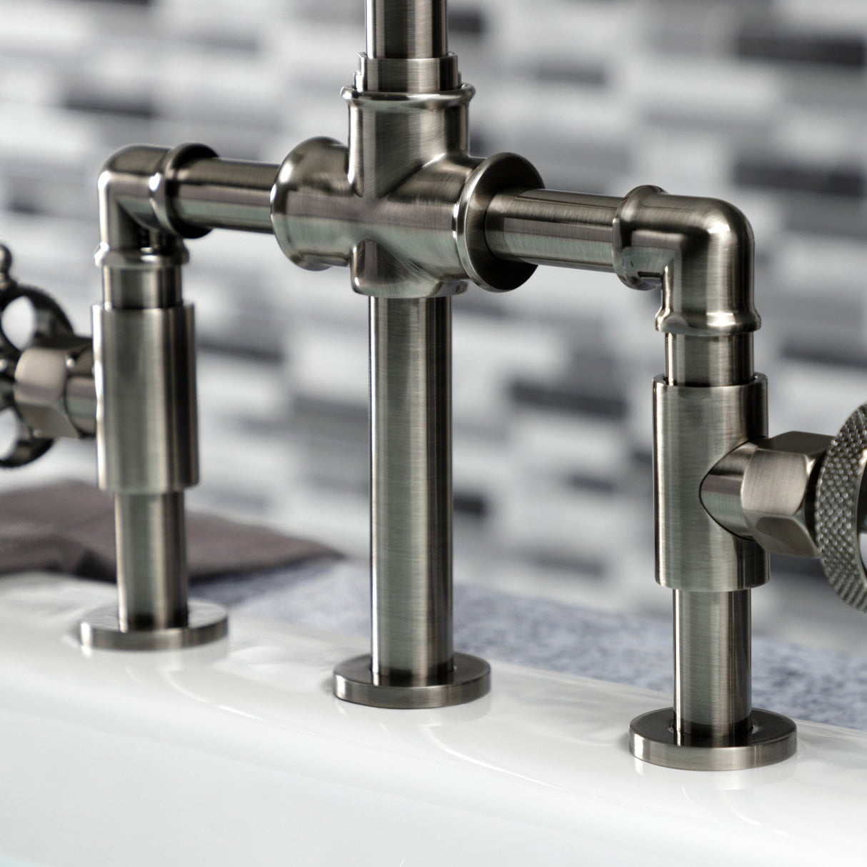 Webb KS2334RKX Two-Handle 4-Hole Deck Mount Bridge Kitchen Faucet with Knurled Handle and Brass Side Sprayer, Black Stainless