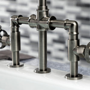 Webb KS2334RKX Two-Handle 4-Hole Deck Mount Bridge Kitchen Faucet with Knurled Handle and Brass Side Sprayer, Black Stainless