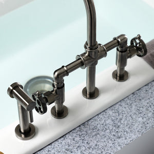 Webb KS2334RKX Two-Handle 4-Hole Deck Mount Bridge Kitchen Faucet with Knurled Handle and Brass Side Sprayer, Black Stainless