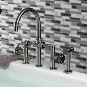Webb KS2334RKX Two-Handle 4-Hole Deck Mount Bridge Kitchen Faucet with Knurled Handle and Brass Side Sprayer, Black Stainless