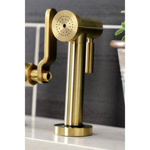 Whitaker KS2337KL Two-Handle 4-Hole Deck Mount Bridge Kitchen Faucet with Brass Sprayer, Brushed Brass
