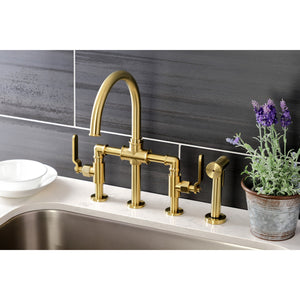 Whitaker KS2337KL Two-Handle 4-Hole Deck Mount Bridge Kitchen Faucet with Brass Sprayer, Brushed Brass