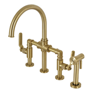 Whitaker KS2337KL Two-Handle 4-Hole Deck Mount Bridge Kitchen Faucet with Brass Sprayer, Brushed Brass