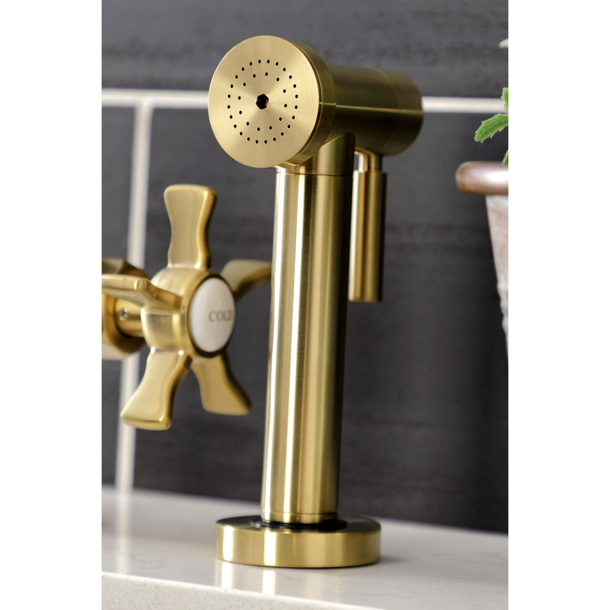 Hamilton KS2337NX Two-Handle 4-Hole Deck Mount Bridge Kitchen Faucet with Brass Sprayer, Brushed Brass