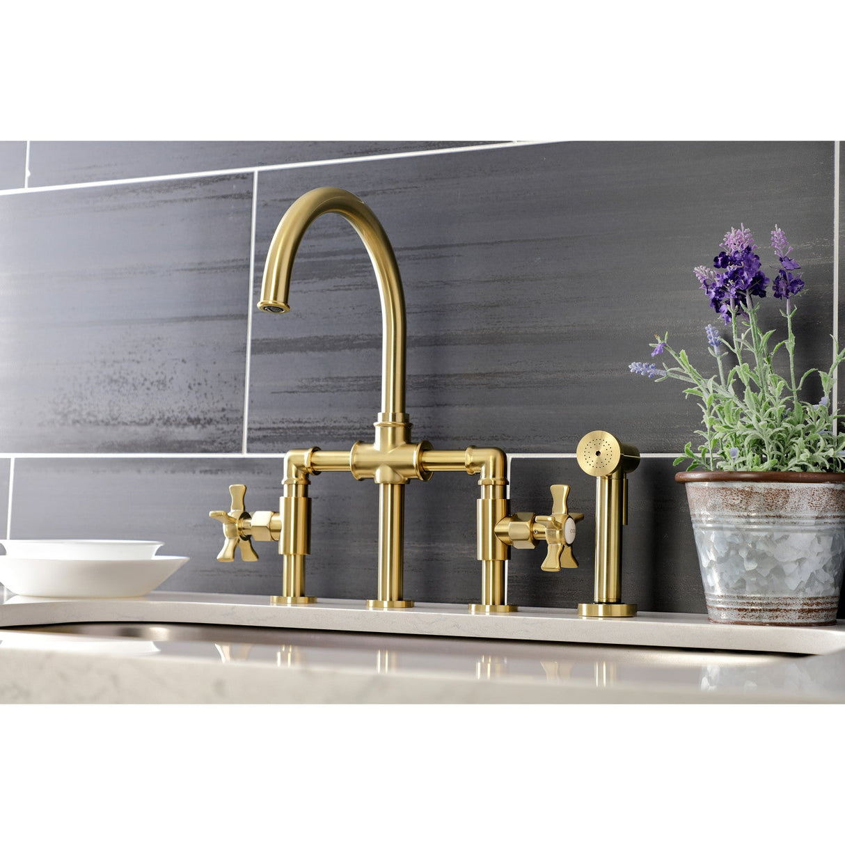 Hamilton KS2337NX Two-Handle 4-Hole Deck Mount Bridge Kitchen Faucet with Brass Sprayer, Brushed Brass