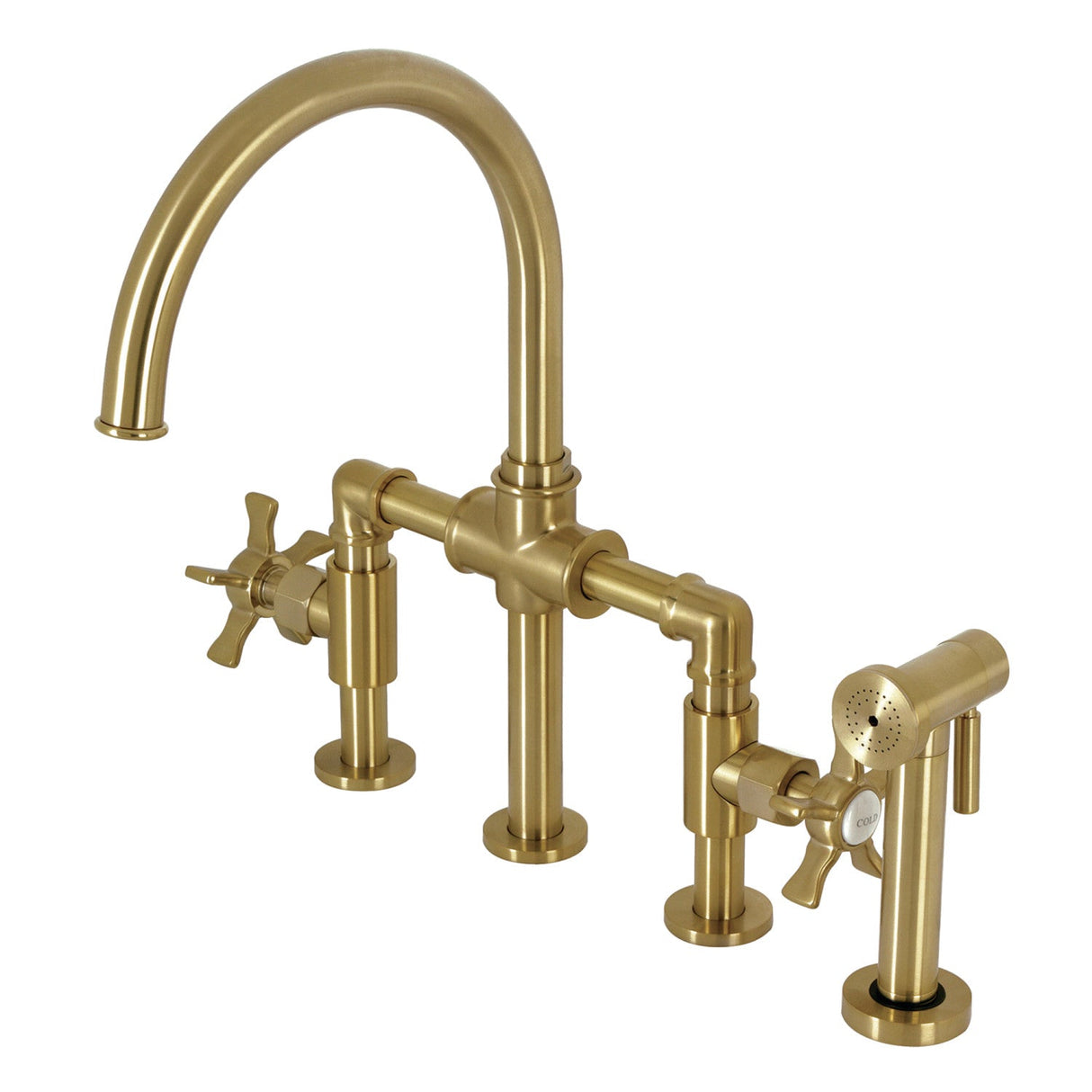 Hamilton KS2337NX Two-Handle 4-Hole Deck Mount Bridge Kitchen Faucet with Brass Sprayer, Brushed Brass