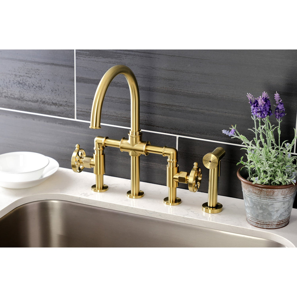 Belknap KS2337RX Two-Handle 4-Hole Deck Mount Bridge Kitchen Faucet with Brass Sprayer, Brushed Brass
