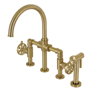 Belknap KS2337RX Two-Handle 4-Hole Deck Mount Bridge Kitchen Faucet with Brass Sprayer, Brushed Brass