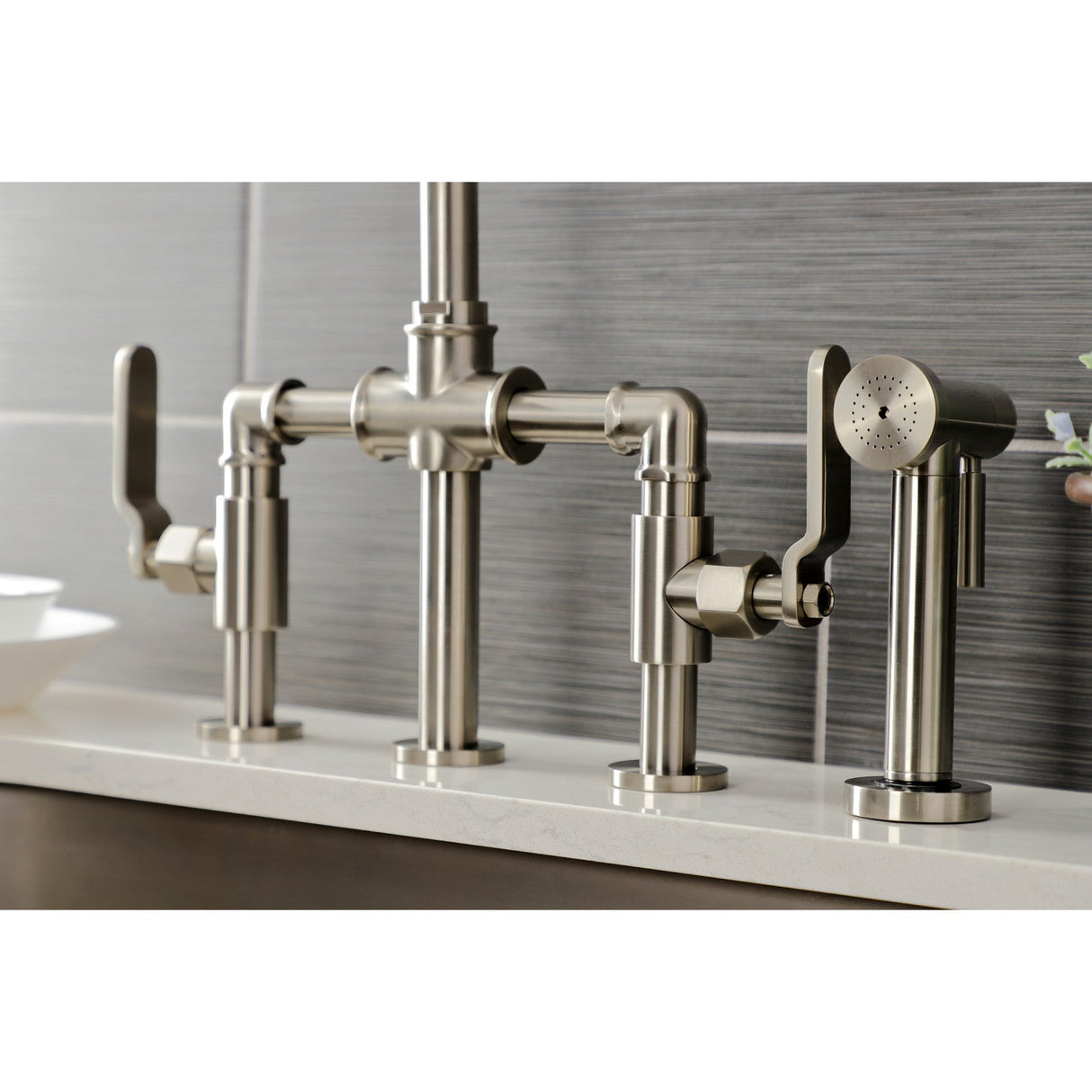 Whitaker KS2338KL Two-Handle 4-Hole Deck Mount Bridge Kitchen Faucet with Brass Sprayer, Brushed Nickel