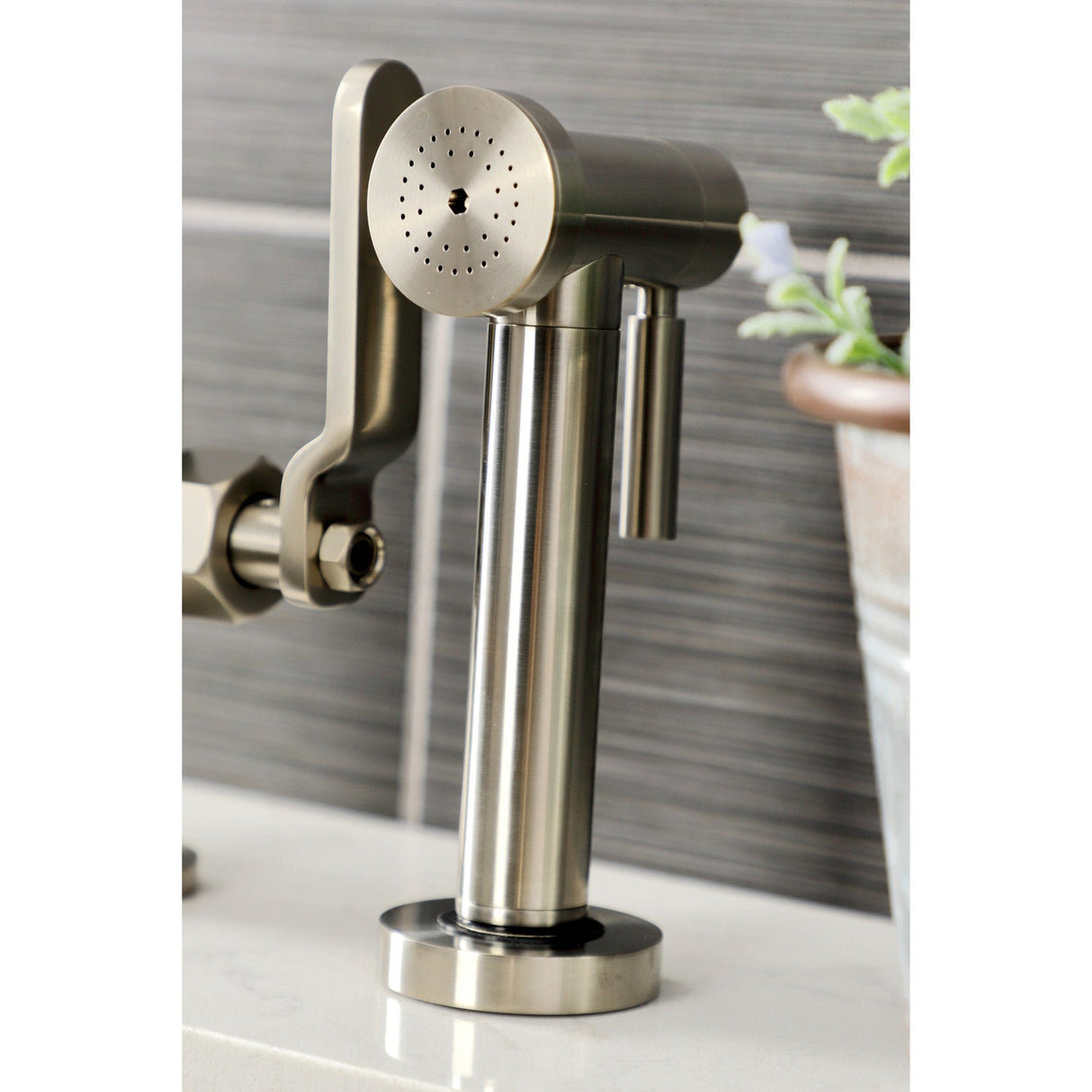 Whitaker KS2338KL Two-Handle 4-Hole Deck Mount Bridge Kitchen Faucet with Brass Sprayer, Brushed Nickel