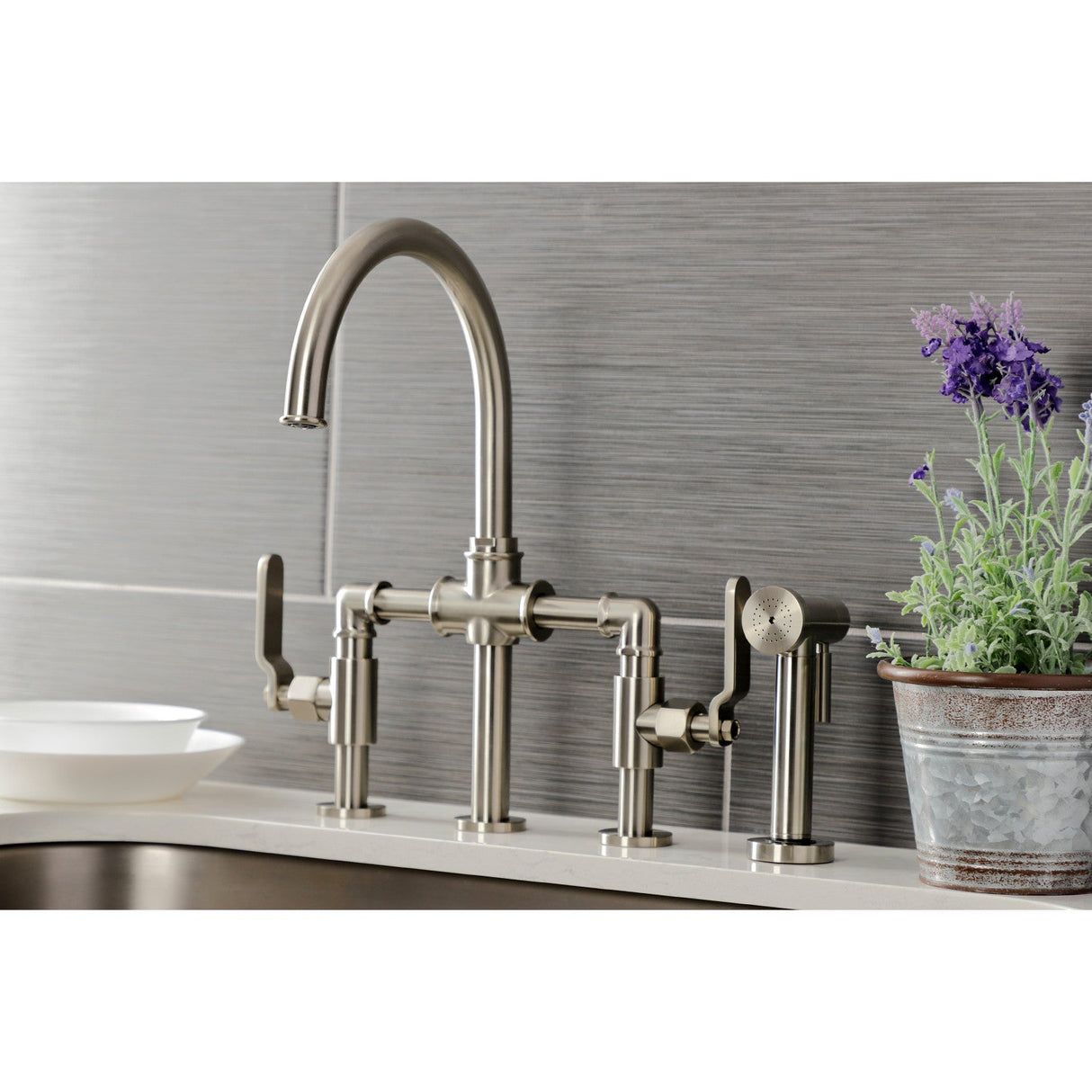Whitaker KS2338KL Two-Handle 4-Hole Deck Mount Bridge Kitchen Faucet with Brass Sprayer, Brushed Nickel