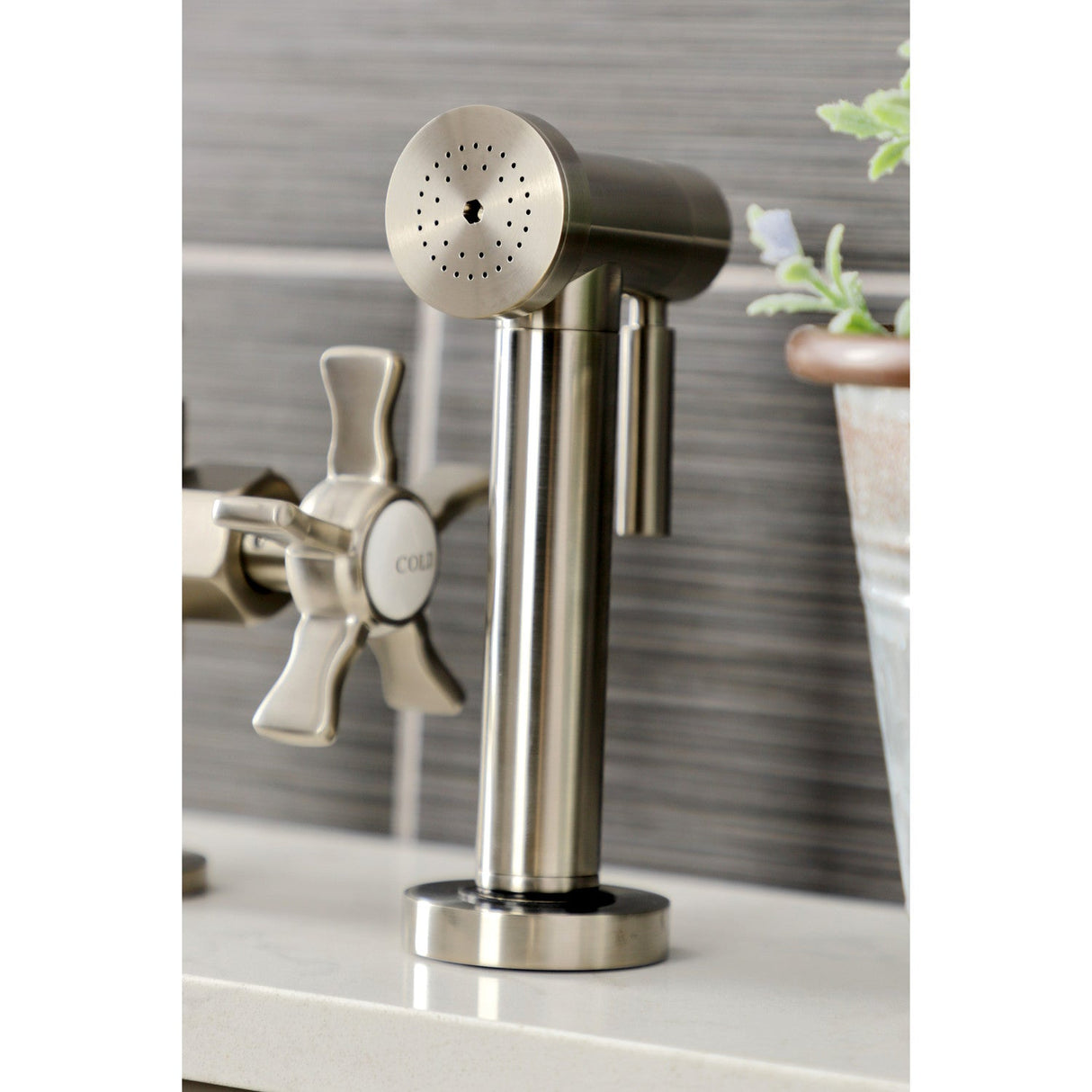 Hamilton KS2338NX Two-Handle 4-Hole Deck Mount Bridge Kitchen Faucet with Brass Sprayer, Brushed Nickel