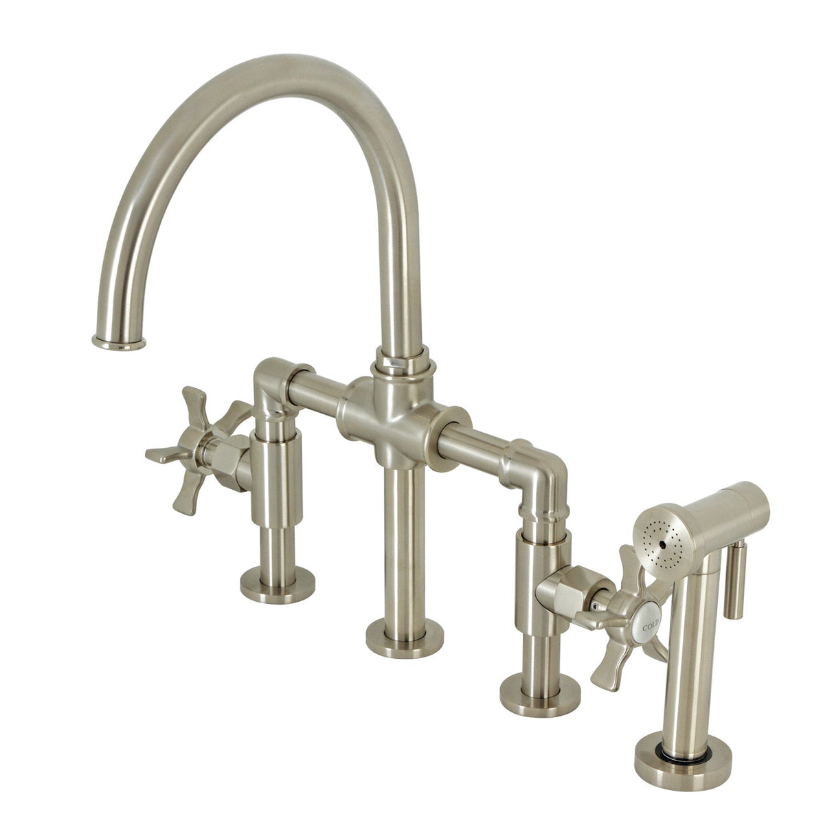 Hamilton KS2338NX Two-Handle 4-Hole Deck Mount Bridge Kitchen Faucet with Brass Sprayer, Brushed Nickel