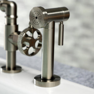 Webb KS2338RKX Two-Handle 4-Hole Deck Mount Bridge Kitchen Faucet with Knurled Handle and Brass Side Sprayer, Brushed Nickel
