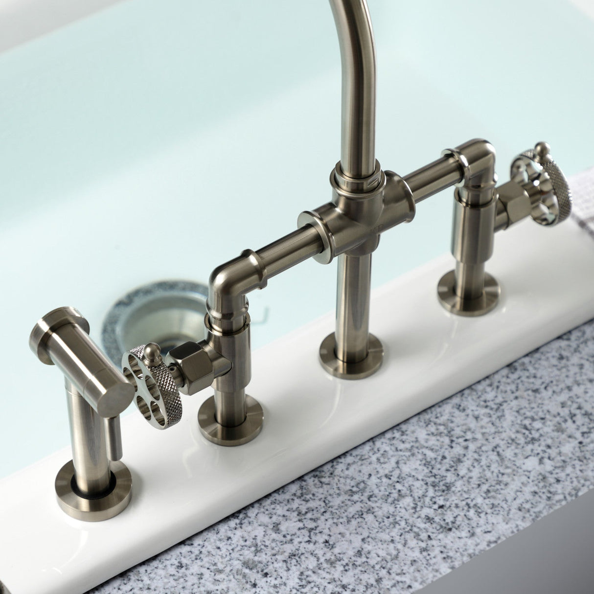 Webb KS2338RKX Two-Handle 4-Hole Deck Mount Bridge Kitchen Faucet with Knurled Handle and Brass Side Sprayer, Brushed Nickel