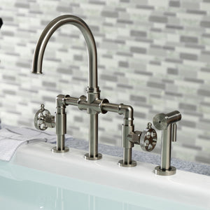 Webb KS2338RKX Two-Handle 4-Hole Deck Mount Bridge Kitchen Faucet with Knurled Handle and Brass Side Sprayer, Brushed Nickel