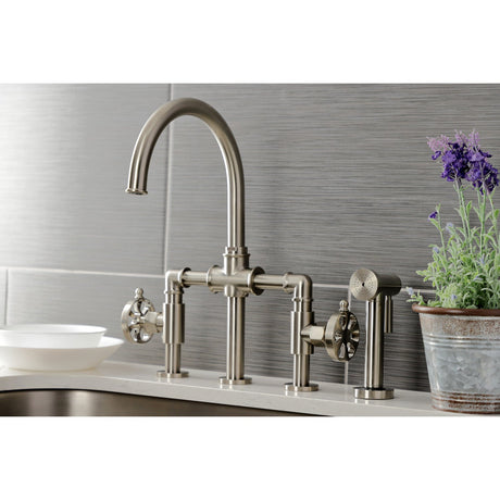 Belknap KS2338RX Two-Handle 4-Hole Deck Mount Bridge Kitchen Faucet with Brass Sprayer, Brushed Nickel