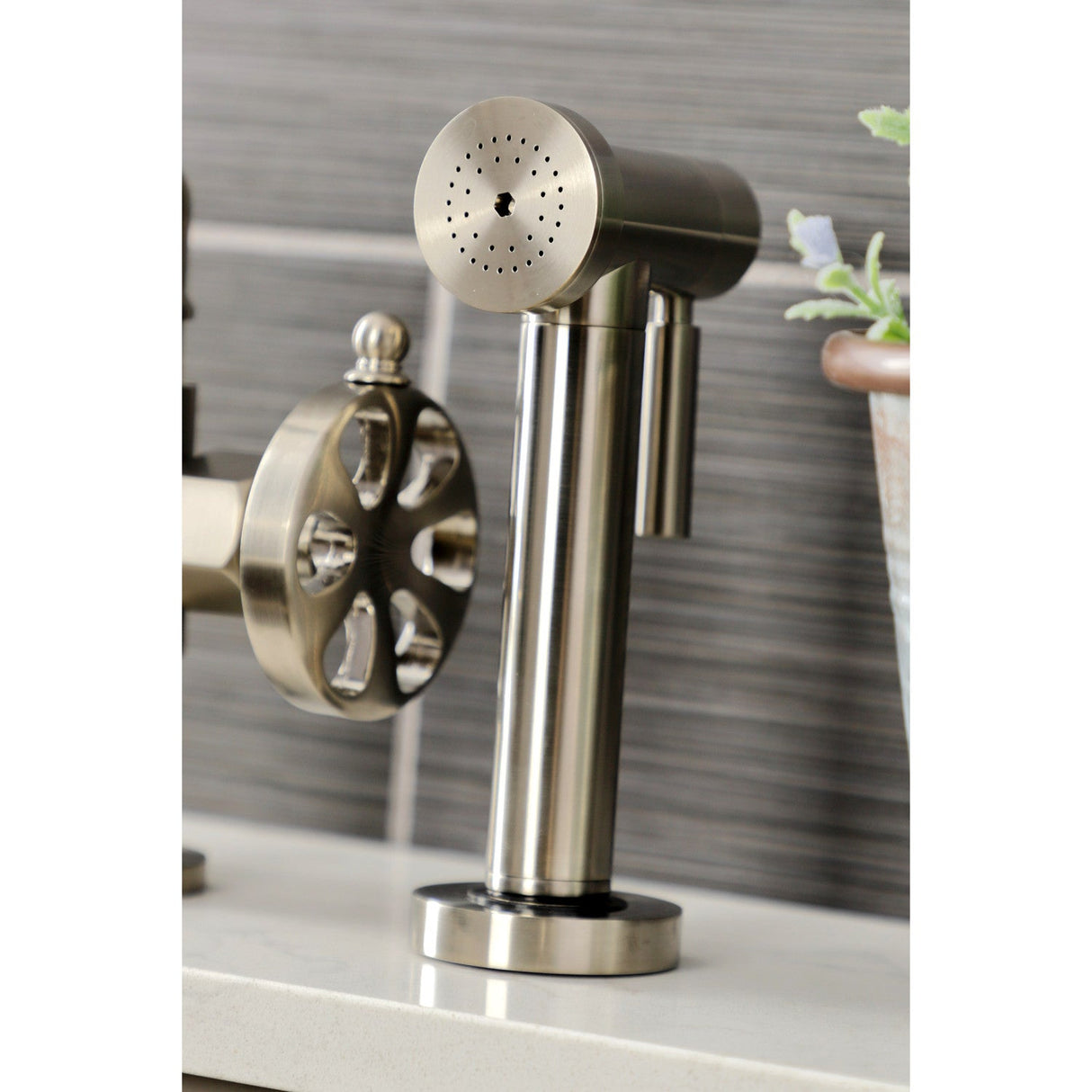 Belknap KS2338RX Two-Handle 4-Hole Deck Mount Bridge Kitchen Faucet with Brass Sprayer, Brushed Nickel