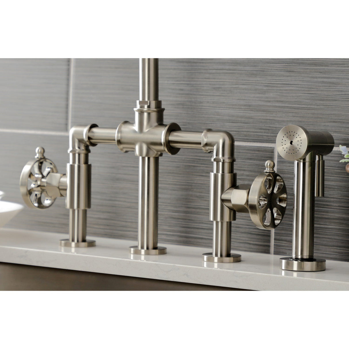 Belknap KS2338RX Two-Handle 4-Hole Deck Mount Bridge Kitchen Faucet with Brass Sprayer, Brushed Nickel