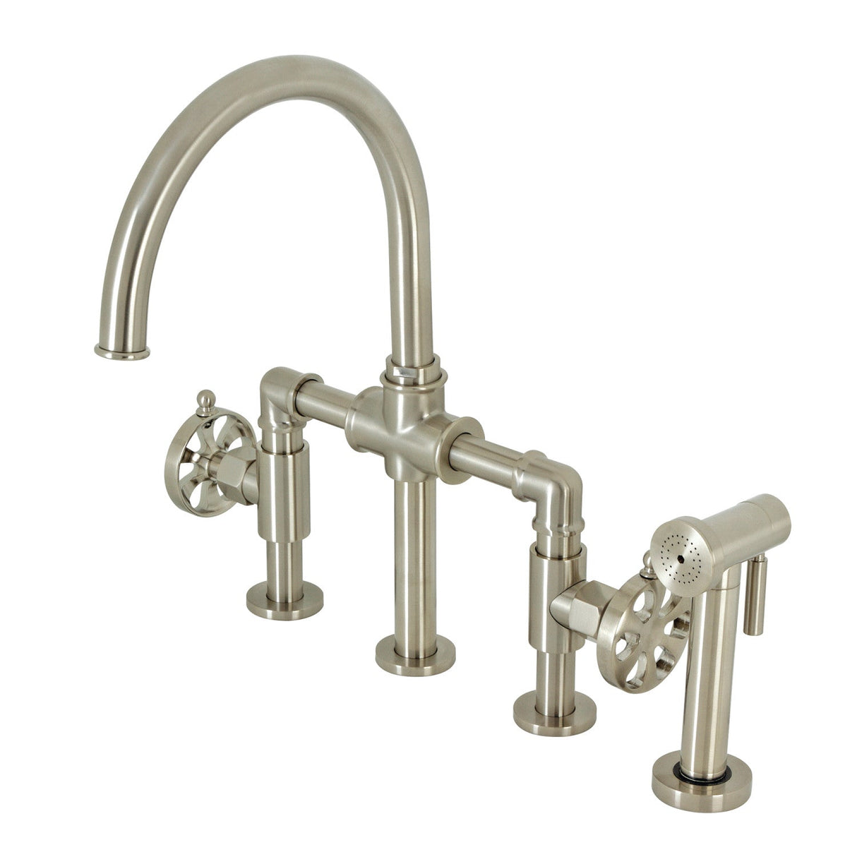 Belknap KS2338RX Two-Handle 4-Hole Deck Mount Bridge Kitchen Faucet with Brass Sprayer, Brushed Nickel