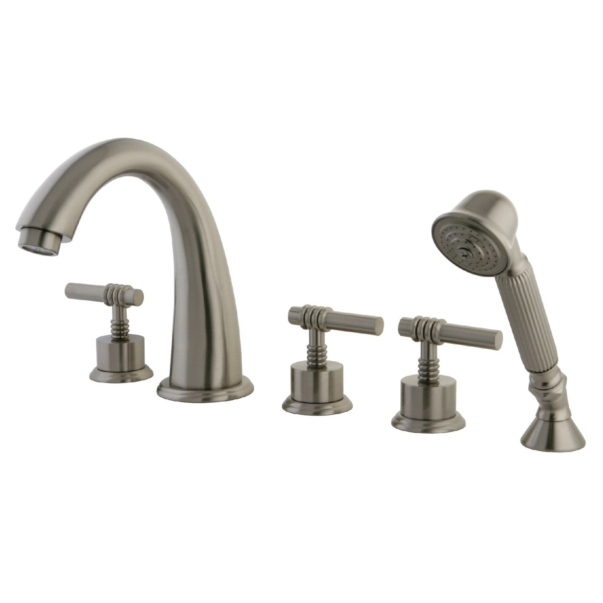 Manhattan KS23685ML Three-Handle 5-Hole Deck Mount Roman Tub Faucet with Hand Shower, Brushed Nickel