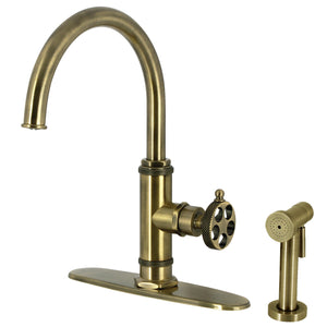 Webb KS2433RKX Single-Handle 1-Hole Deck Mount Kitchen Faucet with Knurled Handle and Brass Side Sprayer, Antique Brass
