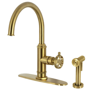 Webb KS2437RKX Single-Handle 1-Hole Deck Mount Kitchen Faucet with Knurled Handle and Brass Side Sprayer, Brushed Brass