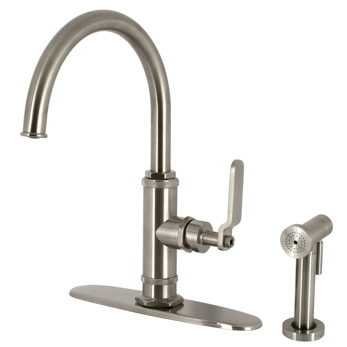 Whitaker KS2438KL Single-Handle Deck Mount Kitchen Faucet with Brass Sprayer, Brushed Nickel