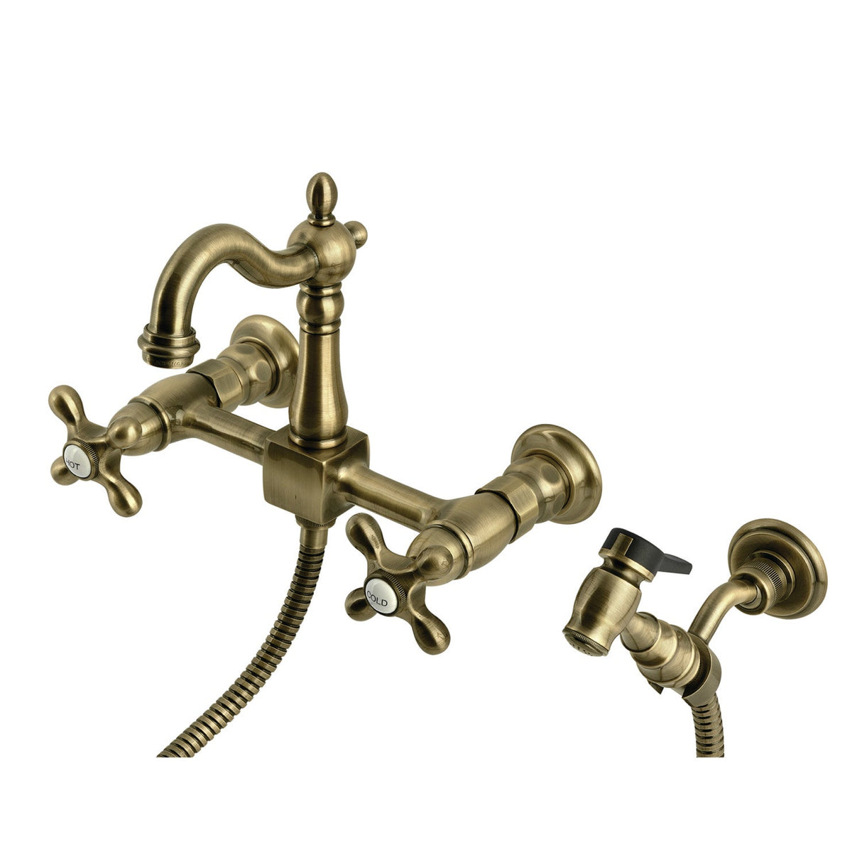 Heritage KS2443AXBS Two-Handle 3-Hole Wall Mount Kitchen Faucet, Antique Brass