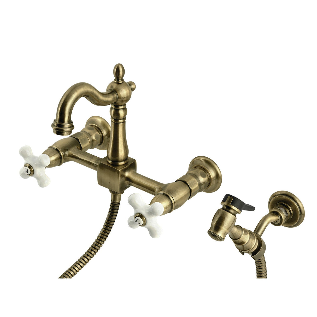 Heritage KS2443PXBS Two-Handle 3-Hole Wall Mount Kitchen Faucet, Antique Brass