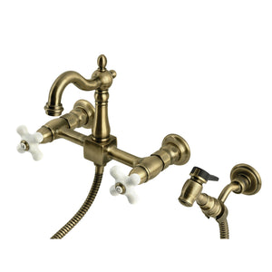 Heritage KS2443PXBS Two-Handle 3-Hole Wall Mount Kitchen Faucet, Antique Brass