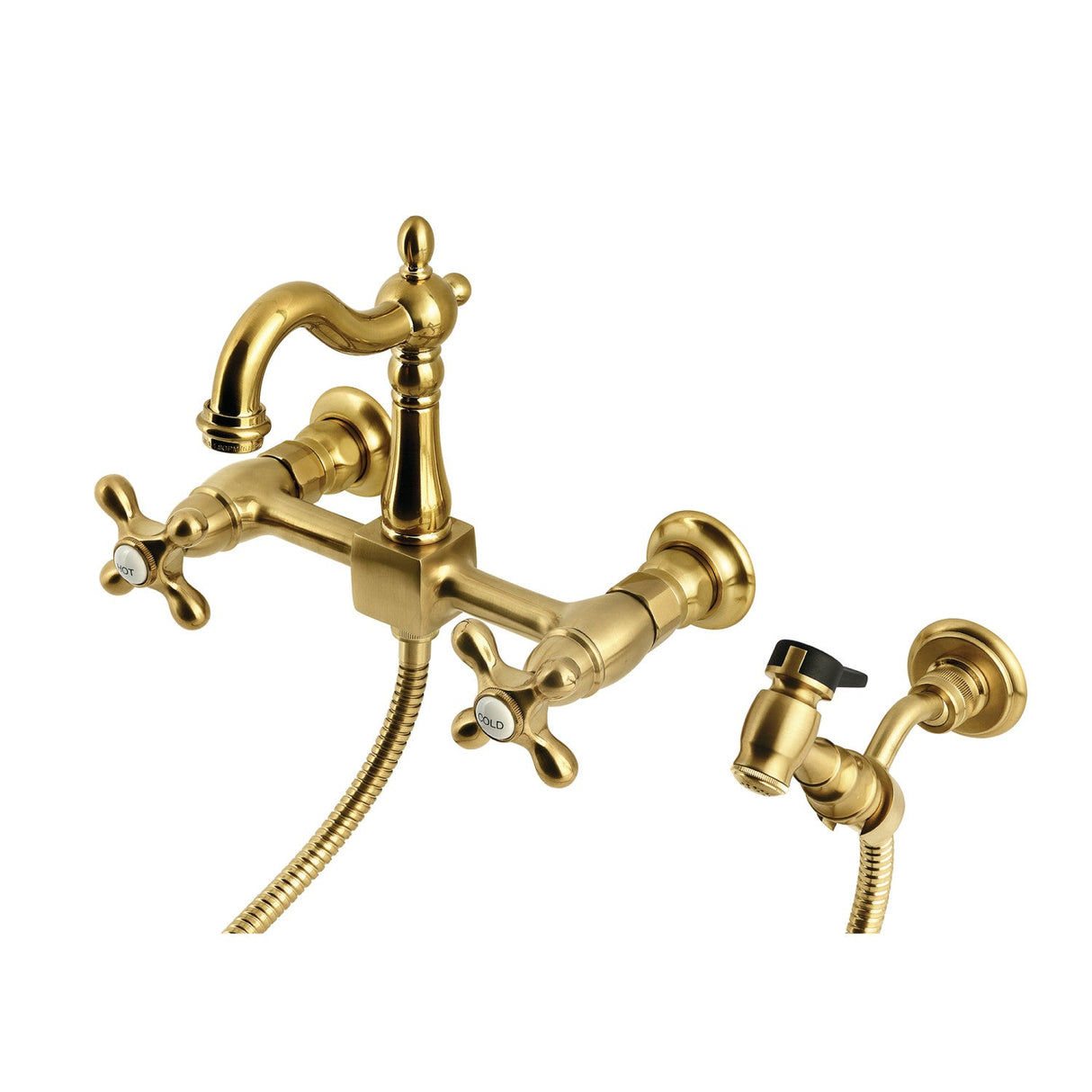 Heritage KS2447AXBS Two-Handle 3-Hole Wall Mount Kitchen Faucet, Brushed Brass